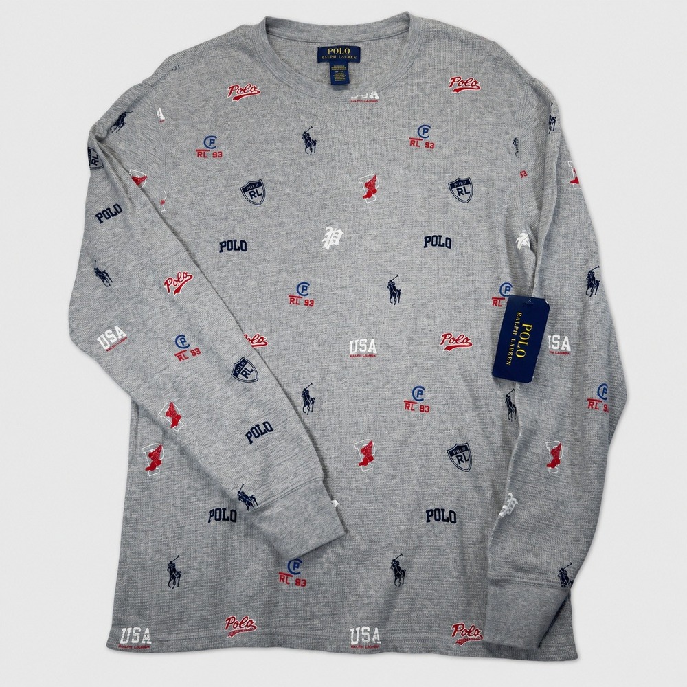 Polo Ralph Lauren Thermal Shirt Mens L Gray Allover Pony Waffle Knit NWT‎